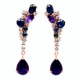 A rose gold on 925 silver drop earrings set with sapphires and amethysts, L. 4.3cm.