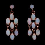 A pair of rose gold on 925 silver drop earrings set with cabochon cut opals, L. 2.7cm.