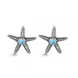 A pair of 925 silver star fish shaped larimar set stud earrings, L. 2.2cm.