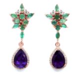 A rose gold on 925 silver drop earrings set with emeralds and pear cut amethysts, L. 3.4cm.
