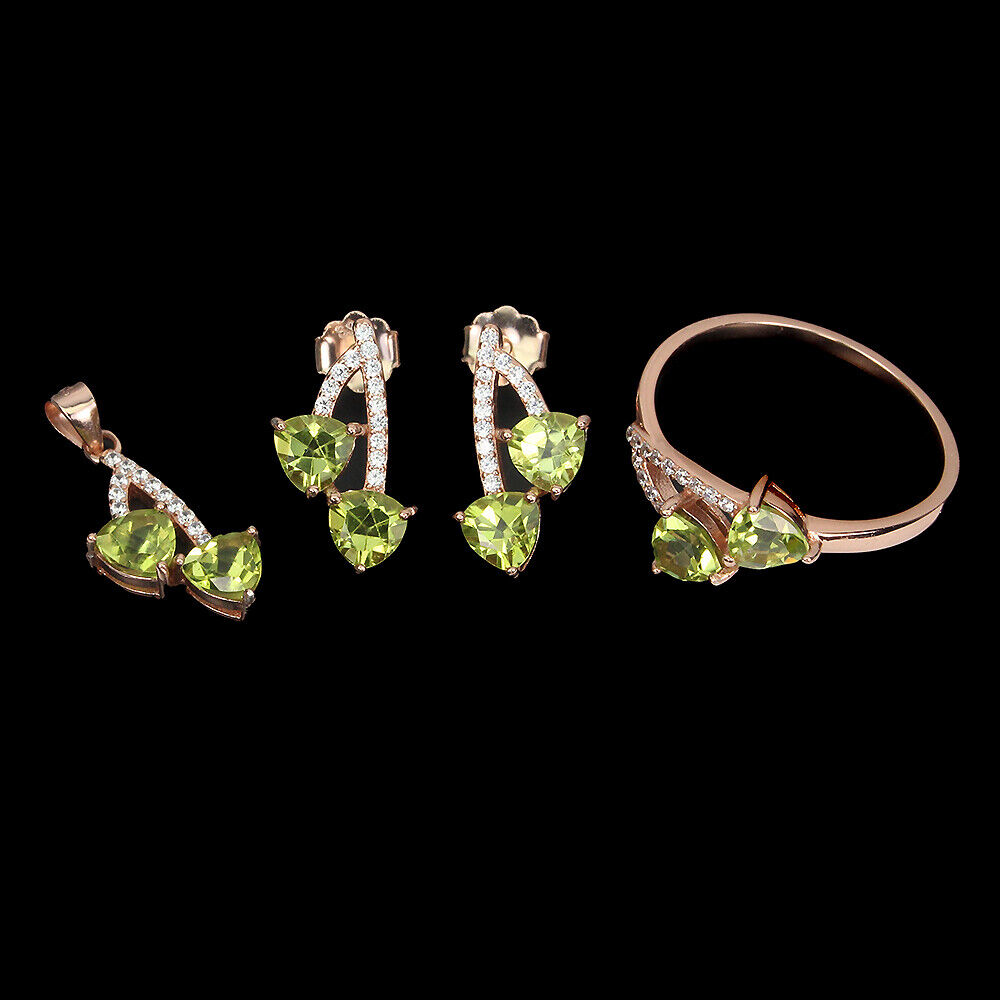 A jewellery suite of rose gold on 925 silver set with trillion cut peridots and white stones, - Image 2 of 3