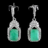 A pair of 925 silver drop earrings set with emerald cut emerald and white stones, L. 2.2cm.
