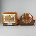 An Art Deco inlaid mantle clock with a further mantle clock, 27 x 24cm.