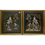 A pair of gilt framed Thai painted silk panels, 57 x 57cm.