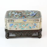 A fine antique Chinese enamelled silver box on original carved wooden stand, 12 x 9 x 7cm