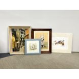 An unframed watercolour of galloping horses with a pastel of a West Highland terrier, a