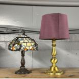 A small Tiffany style table lamp, H. 30cm, together with a gilt metal table lamp.