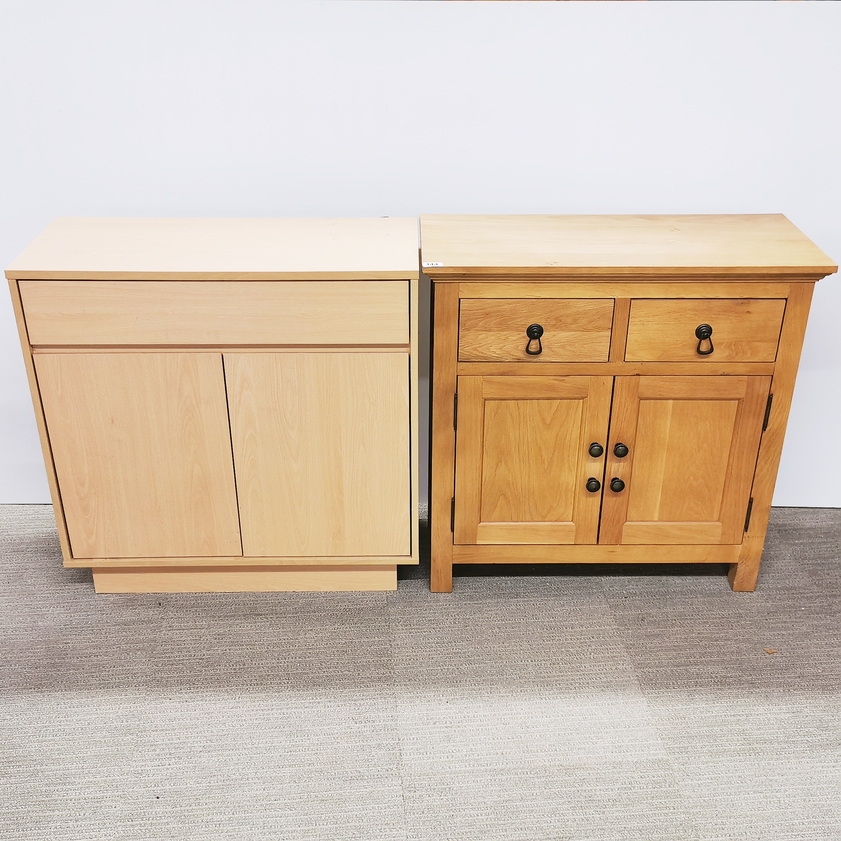 A modern light oak cabinet together with an oak effect single drawer cabinet, largest 80 x 80 x
