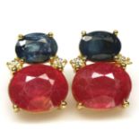 A pair of gold on 925 silver earrings set with oval cut sapphire and ruby, L. 1.4cm.