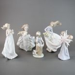 A group of five Lladro porcelain figures, one with certificate four with boxes. Tallest 31cm.