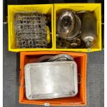 Three boxes of mixed silverplate and metalware.