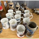 A quantity of airplane related and other porcelain and stoneware tankards.
