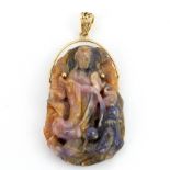 A large Chinese carved sapphire/pink sapphire pendant, L. 7cm. With certificate.