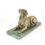 A silvered bronze/brass figure of a female sphynx on a green marble base, circa 1920's, 24 x 9 x