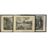 Three framed prints of classical buildings, frame size 72 x 52cm. One with broken glass.