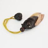 An unusual Japanese carved fruitwood and mother of pearl inro, L. 11cm, with cocoon netsuke and ball