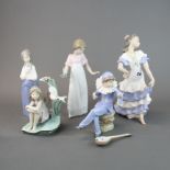 A group of five Nao figures, some with boxes. A/F to flower girl and the lute is detached. Tallest