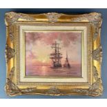 A gilt framed signed oil on canvas of sailing ships, 40 x 35cm.