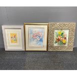 A framed watercolour signed E. Morton, frame 44 x 50cm together with two pencil signed lithographs.