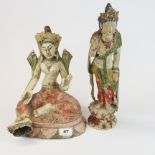 Two painted carved wooden figures of Chinese deities, tallest H. 39cm. Standing figure A/F.