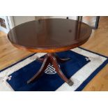 A circular mahogany tilt top breakfast table with cross banded decoration and brass feet and