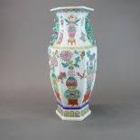 A Chinese hand enamelled hexagonal porcelain vase, H. 43cm.