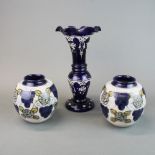 A pair of Royal Doulton stoneware jar shaped vases, H. 14cm. Together with a 19th Century blue glass