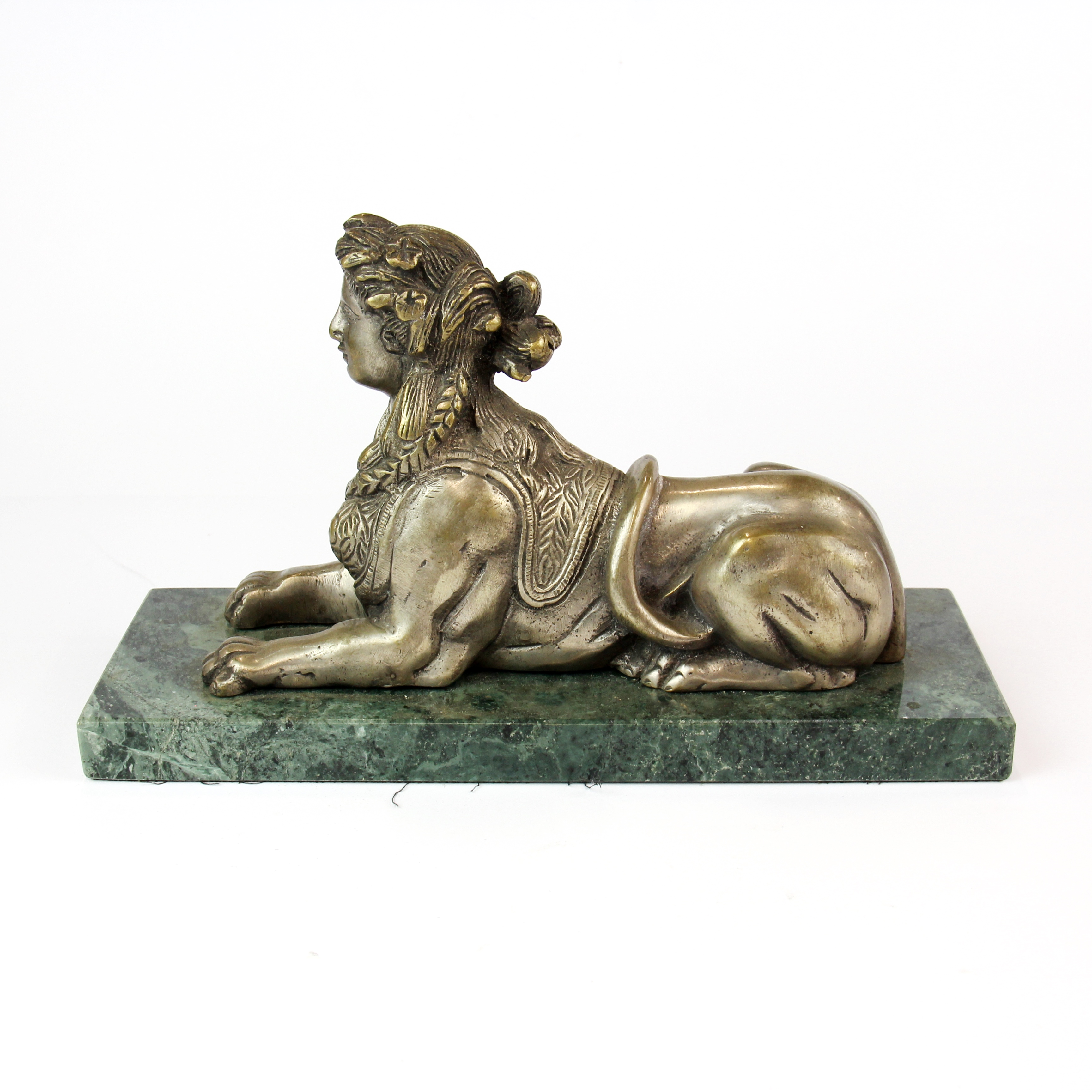 A silvered bronze/brass figure of a female sphynx on a green marble base, circa 1920's, 24 x 9 x - Image 2 of 2