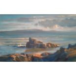 Brian Scampton, "The Mariner's Rocks", oil on canvas, 26 x 41cm, c. 2023. A painting of an