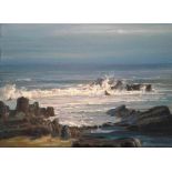 Brian Scampton, "Reminescence of Rocks", oil on canvas, 26 x 36cm, c. 2021. A winter coastal