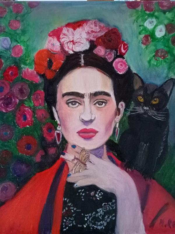 Marits Portretter, "Frida Khalo Viva la vida", oil pastel on linen canvas, 55 x 46cm, c. 2023. Oil