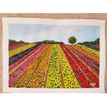 Tracey Smart, "Tulip Field", watercolour, 25 x 35cm, c. 2023. An original beautiful colourful
