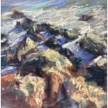 Laurie Basham, "Where Rocks meet by the Sea", pastel, 17 x 17cm, c. 2023. A small energetic painting