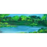 Anne Mallender, "The Lake", oil, 17 x 40cm, c. 2023. Experiment with oils and colour produced this