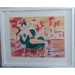 Anne Schofield, "Chilling", acrylic, 43 x 53cm, c. 2023. Lady chilling in a chair removing her bra