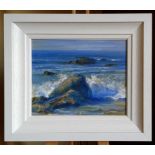 Brian Scampton, "Kinnagoe Bay Rocks", oil on canvas, framed 31 x 36cm, c. 2022. A painting of