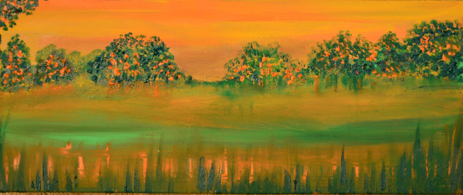 Anne Mallender, "Misty Morning", oil, 17 x 40cm, c. 2023. First time working with oils produced this