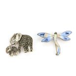 A 925 silver and marcasite elephant brooch, 2.2 x 2.8cm, together with a hallmarked silver and