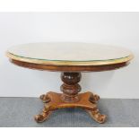 An inlaid pedestal coffee table with plate glass protective top, W. 91cm.