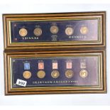 Two framed of British coins and stamps.