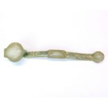 A Chinese bronze and jade Ruyi sceptre, L. 30cm.