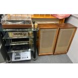 A vintage Hi-Fi system and stand comprising Linn Sonder deck, quad amp, Nakamitchi 600 tape