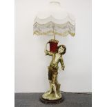 A large painted ceramic table lamp and shade, overall H. 109cm.