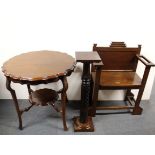 A mahogany plant stand with a mahogany side table and an Art Deco oak hall seat.