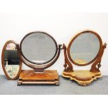 Two 19th century mahogany dressing table mirrors and a small Edwardian wall mirror, largest H.