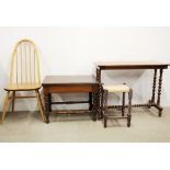 A 19th century stretcher table with a further table, stool and chair.