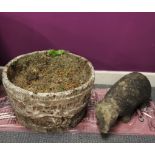 A vintage concrete garden planter, 44 x 25cm, together with a concrete badger.