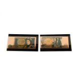 Two fine gold foil £1 bank notes, 10 x 5cm.