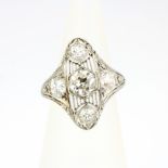 A white metal (tested minimum 9ct gold) Art Deco ring set with old brilliant cut diamonds, estimated