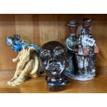 Three handmade glazed pottery figures, tallest H. 20cm.